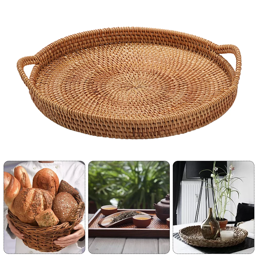 Rattan Serving Tray Round Woven Wicker Basket Decorative Rustic Table Tray with Handles for Serving Dinner Parties Breakfast