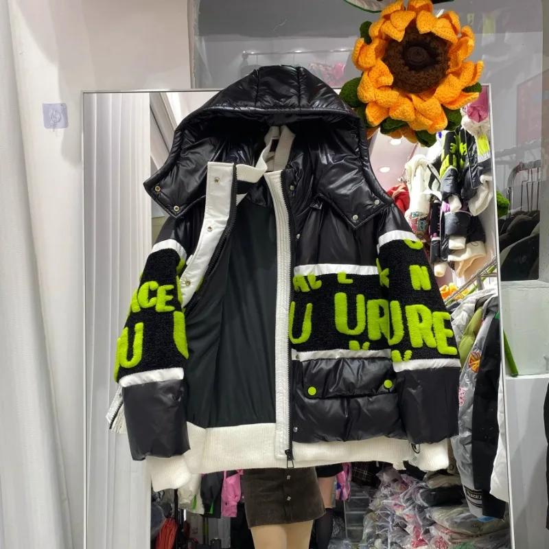 Fashion Street Bright Face Down Jacket Winter New Letter Splicing