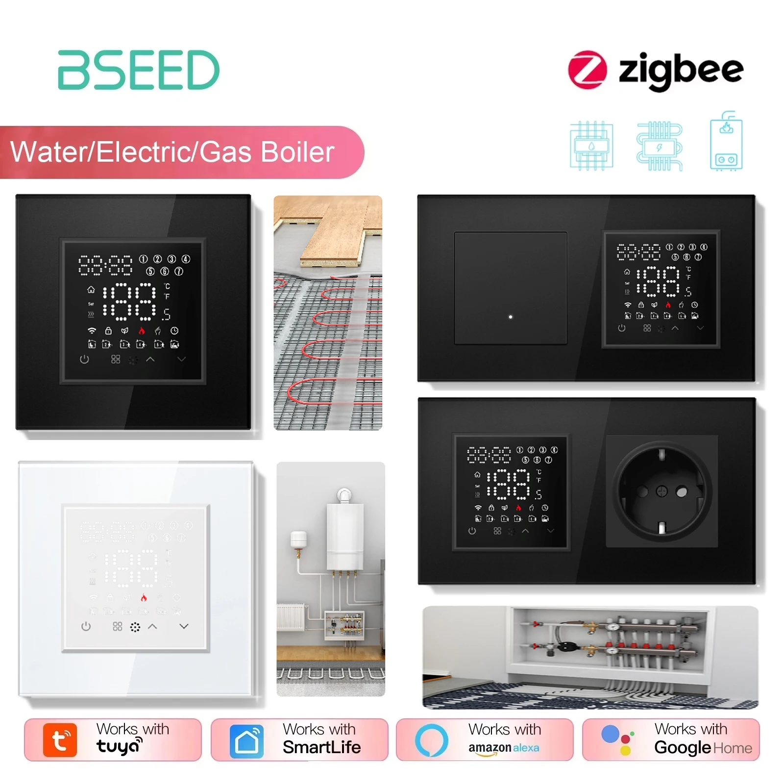 BSEED หน้าจอสัมผัสเครื่องทําความร้อนใต้พื้นไฟฟ้าหม้อต้มน้ําเทอร์โมห้อง ZigBee Alexa Google App Temperature Controller E-Series 1