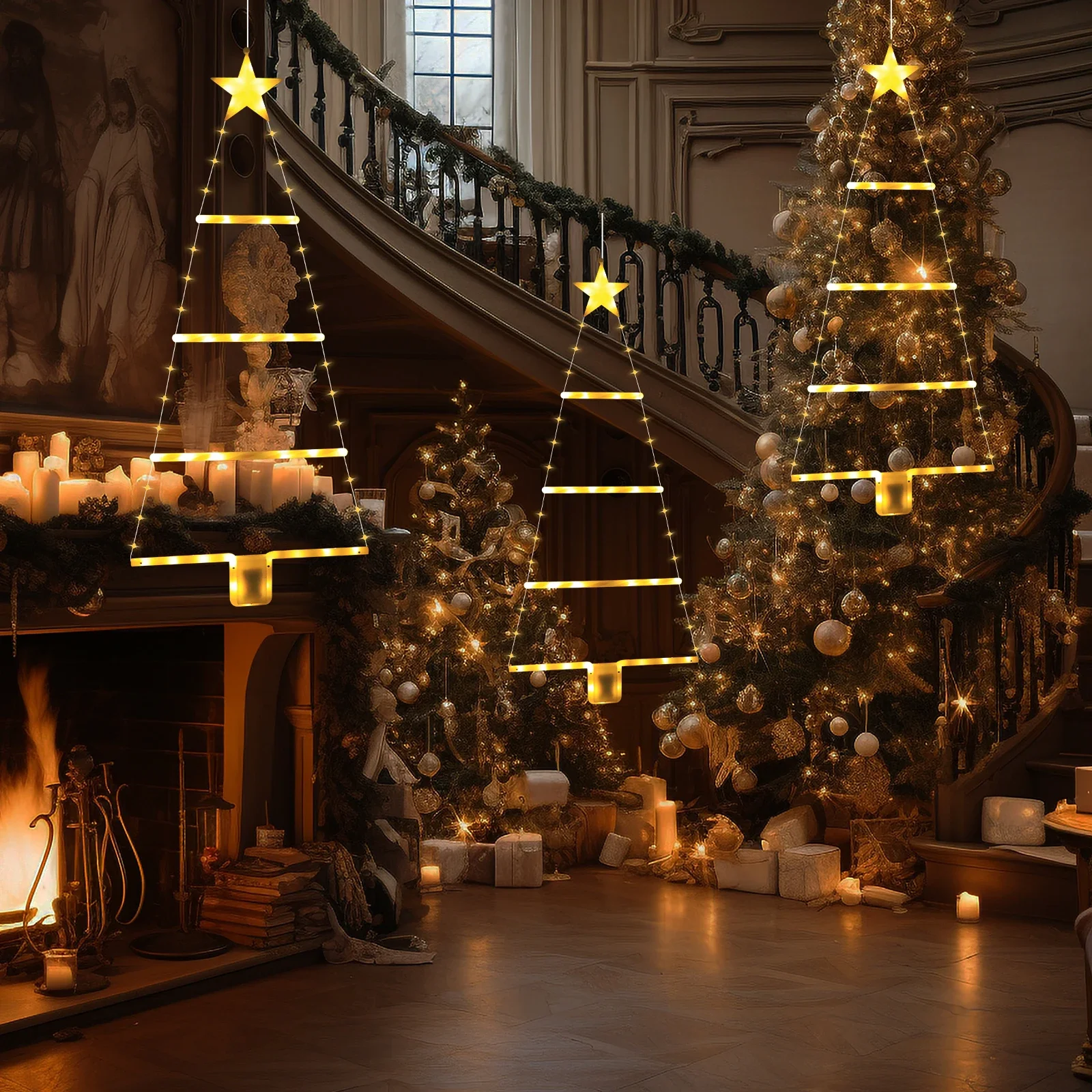 Battery-Powered LED Christmas Trapezoidal Lights Xmas Tree Decor for Yard, Bedroom, Garden, Door Fireplace Christmas Decor