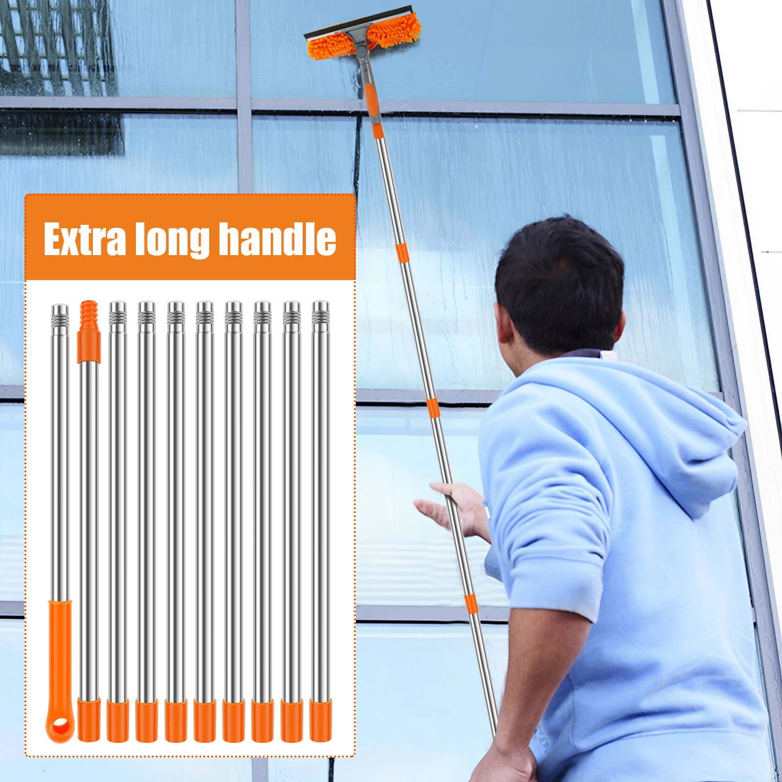 Extended Window Cleaning Kit 100-420CM 2 in 1 Double Sided Glass Squeegee Cleaner Duster Mop 180&deg; Swivel Window Cleaning Tools