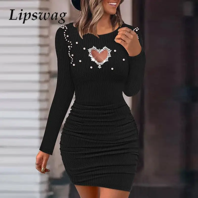 

Gentle Style O-Neck Love Hollow Mini Dress Elegant Pleated Hip-Wrapped Commuter Dress Autumn Women's Beaded Solid Color Dresses