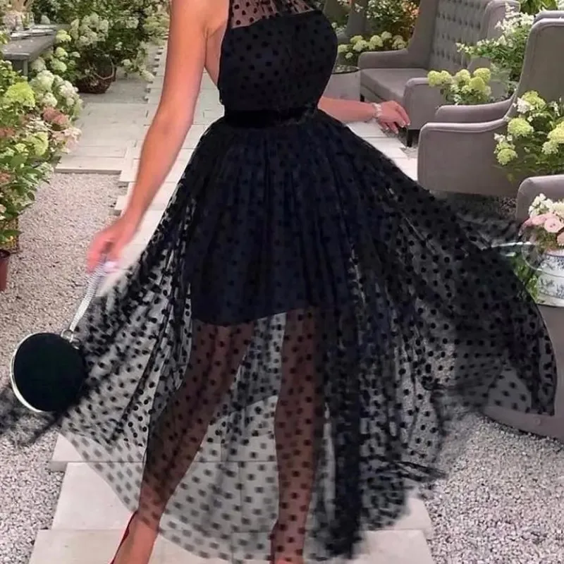 

Halter Backless Dot Mesh Prom Dress Polka Sleeveless