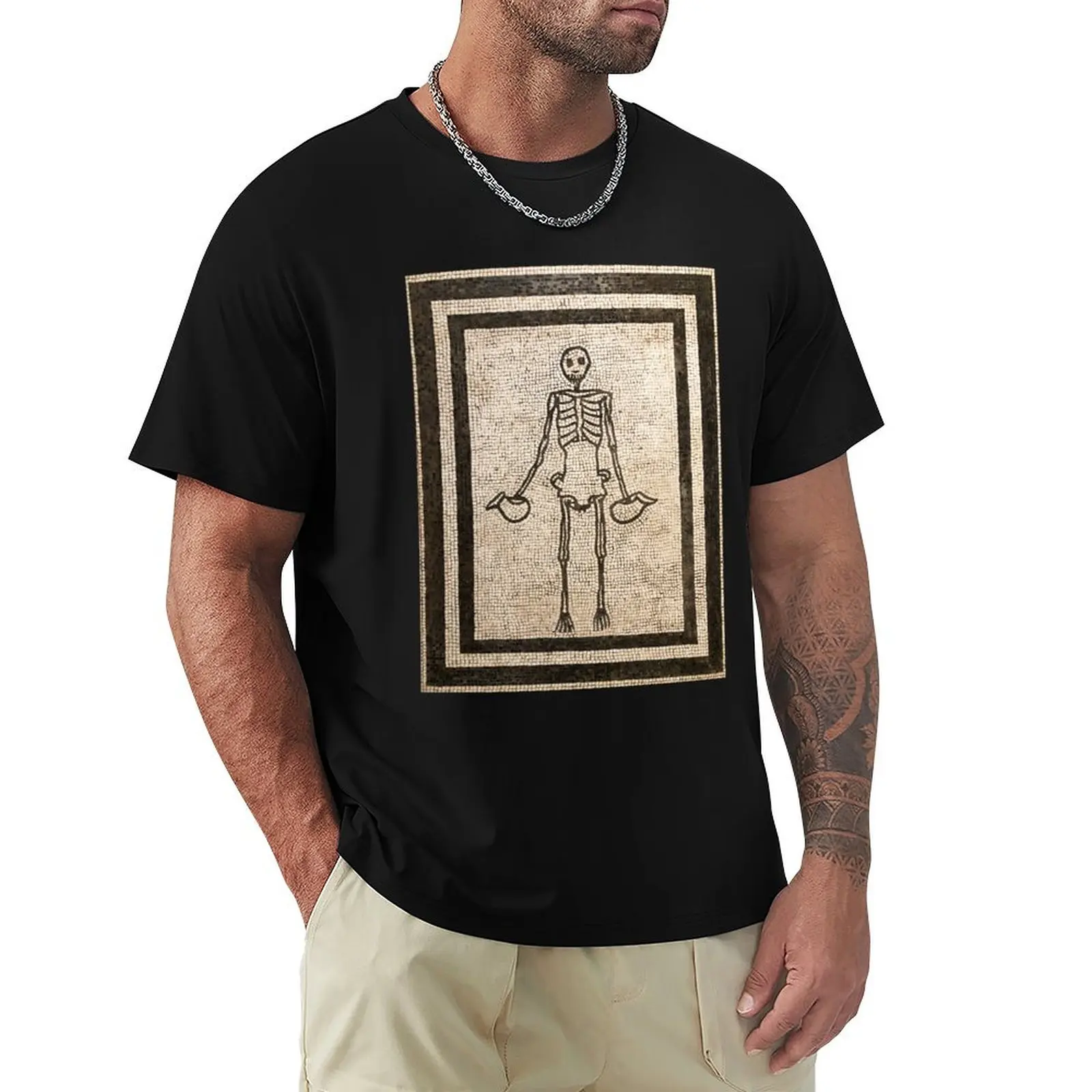 

Roman mosaic from Pompeii showing a grinning skeleton holding wine jugs T-shirt Aesthetic clothing Blouse cute tops T-shirt men