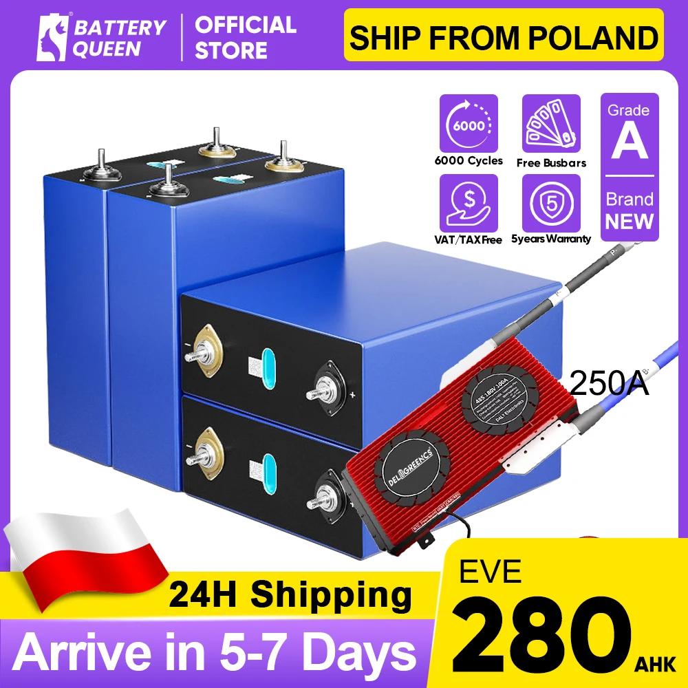 

Poland Grade A 6000 Cycles EVE280AHK With Smart 250A BMS 3.2V Rechargeable Lifepo4 Battery 12V24V48V For EV Boats Solar Storage