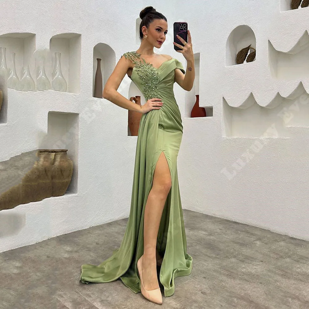 

Emerald Green Satin Women Evening Dresses Luxury Illusion Mermaid Party Gowns Appliques Elegant Sleeveless Hollow Fashion 2024