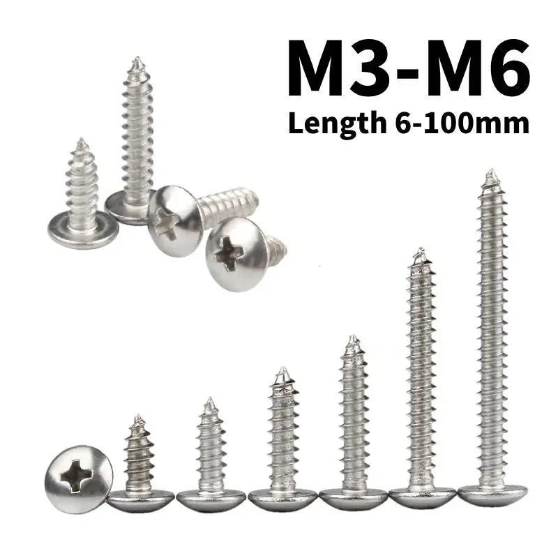Stainless Steel Screws Stainless Steel Screw 304 Stainless Steel Round large Flat round Head Cross M3 M4 M5 M6 Self-tapping Truss Screws Mushroom Tapping Screws L = 6-100mm