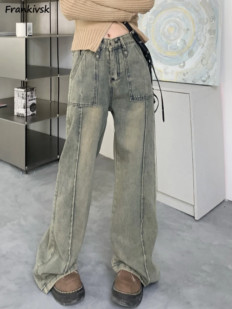 

Distressed Jeans Women American Style Bleached Simple All-match High Street Fashion Hip Hop Spring Trouser Leisure Retro Loose