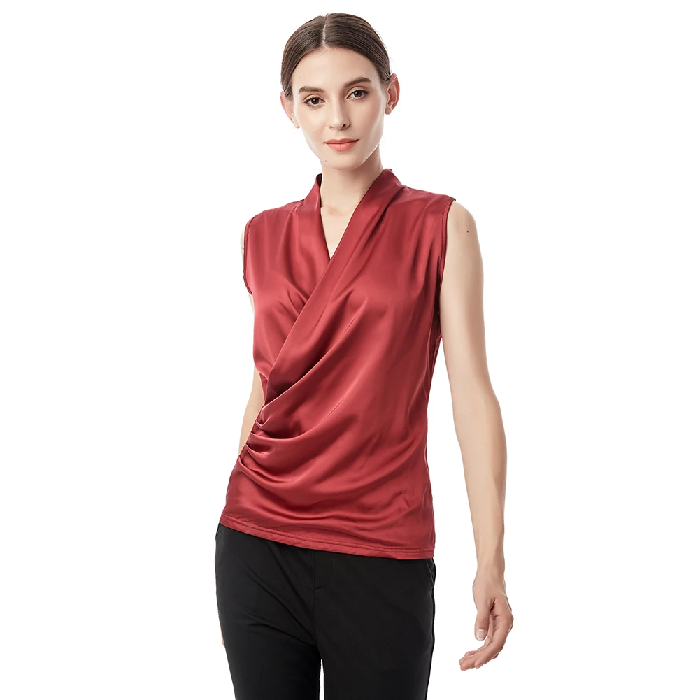 New Smooth Satin Female Sleeveless Blouse V-neck Top Slim Fit Outside Shirts