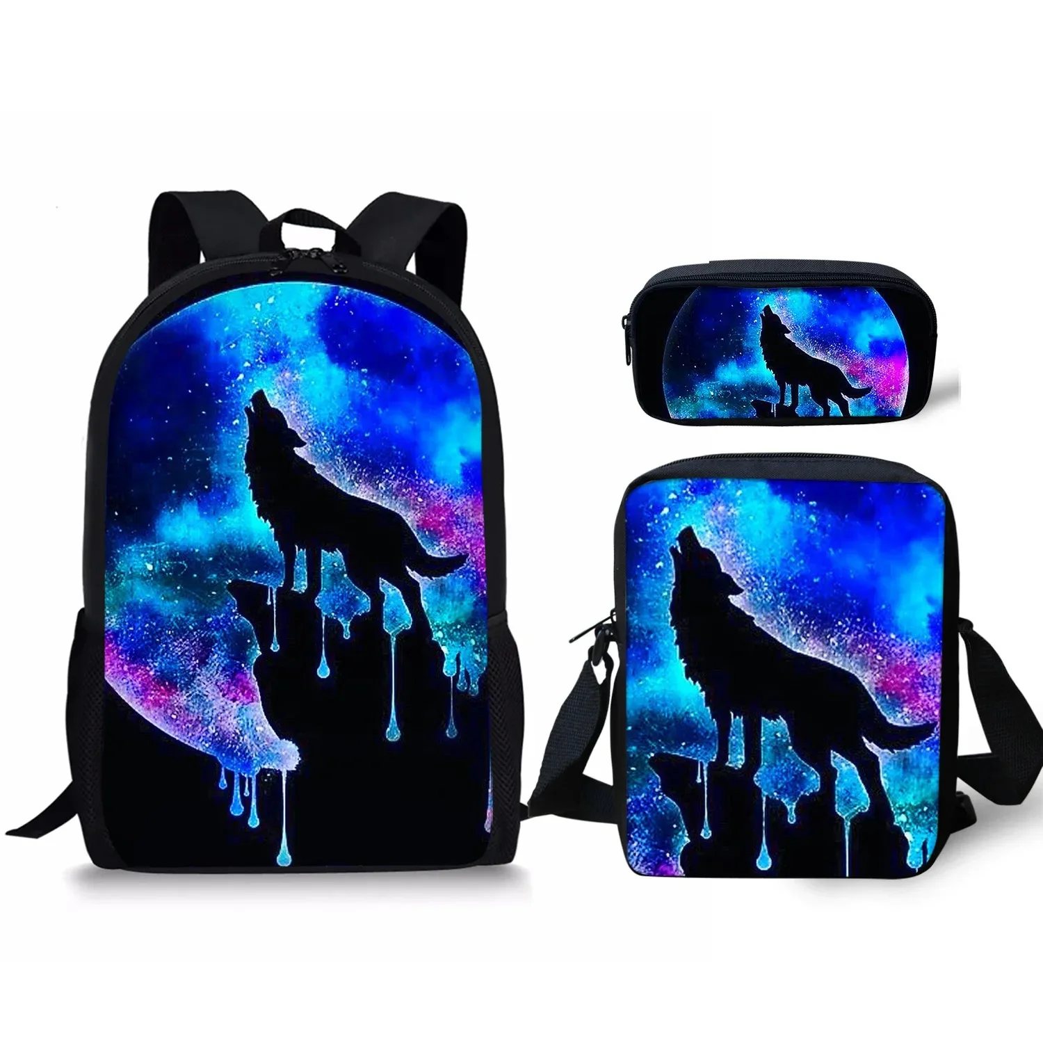 Harajuku Wolf on the Moon Pattern 3D Print Backpack, Student School Backpack, Laptop Backpack, Backpack, Tilt Shoulder