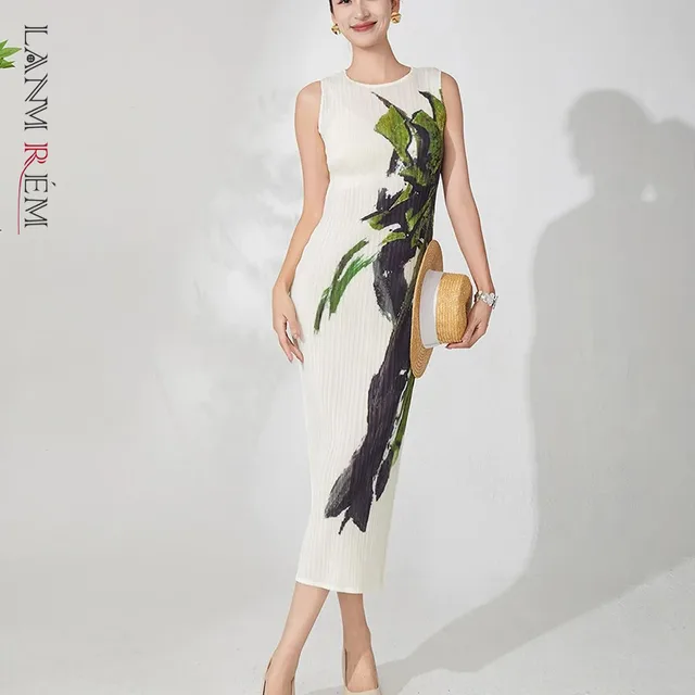 LANMREM Boutique Pleated Dress For Women High-End Printting Sleeveless Elastic Slim O-neck Long Dresses Summer New 2DB3785