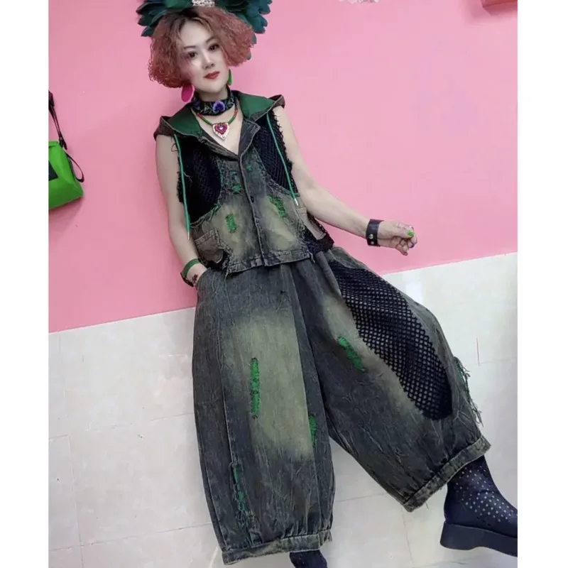 LYUZHE 2025 Summer New Women Sets Mesh Splicing Contrasting Colors Distressed Hooded Denim Vest Wide Leg Pants Sets HLX129B 3