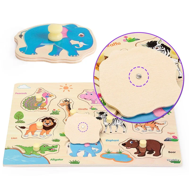 Kids Montessori Educational Toys for Children Hand Grasp Board Wooden Jigsaw Puzzle Animal Cognitive Puzzles Games 5