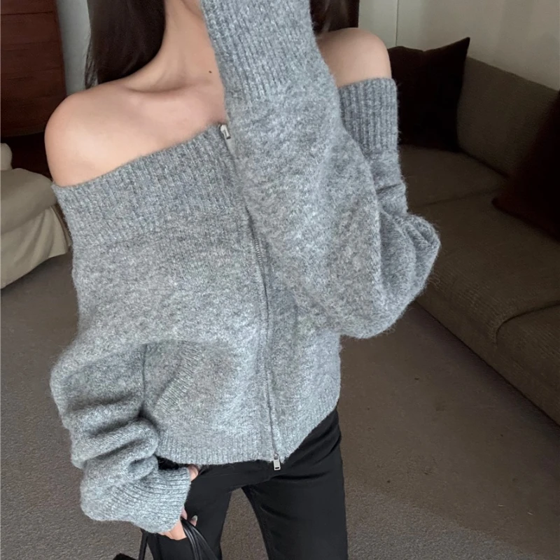 Y2k New Autumn Women's One-word Shoulder Long-sleeved Sweater Sexy Zipper Cardigan Solid Color Slim-fit Knitwear Top