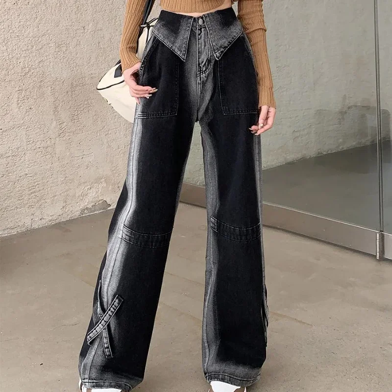 

High Waist Shot Pants for Woman Gray Trousers Straight Leg with Pockets Women's Jeans Wide Grunge Y2k Wholesale 90s Cowboy Denim