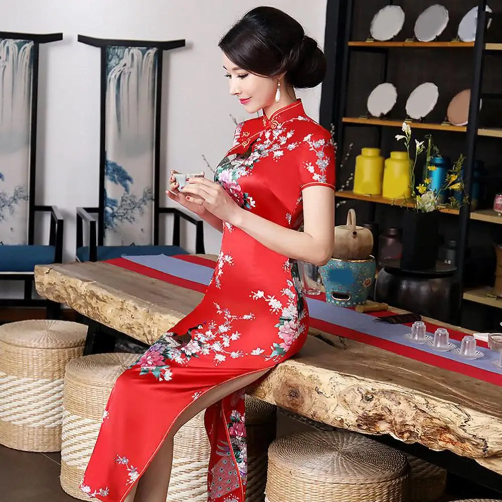Chinese Style Qipao Satin Cheongsam Floral Embroidery Classic Wedding Evening Party Dress High Split Silky Plant Lady Dress chinese dress
