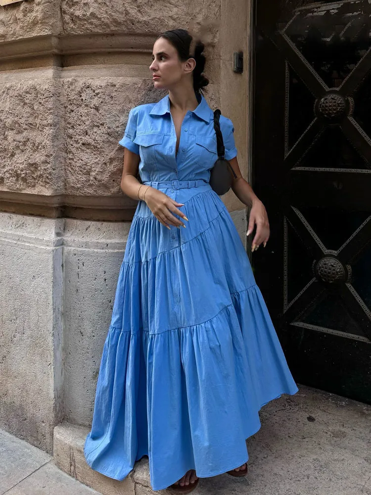 HH Abiti lunghi moda donna Colletto rovesciato solido Maniche