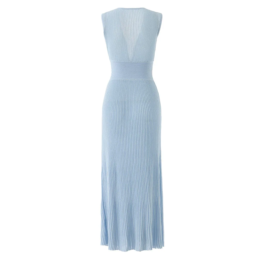 ZJYT Summer Women's Elegant Party Dresses Maxi Evening Gown 2026 New Fashion Deep V Neck Bright Silk Knitted Sweater Dress Blue 4