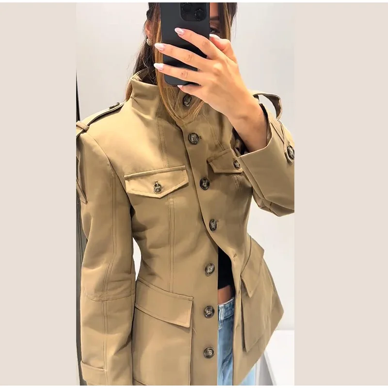 Pocket Stand Collar Long Sleeves Jacket Woman Single Breasted Solid Color Waist Cinching Jackets Versatile Women's New Jackets 12 S4cfd28b132c340c0b12aa416ed5408dfV