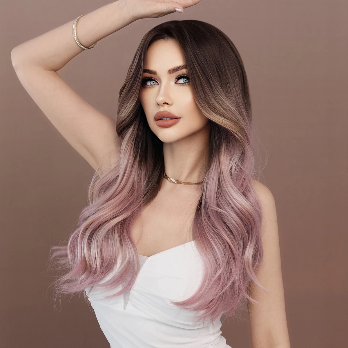 7JHH WIGS Middle Part Pink Ombre Brown Wig Long Water Wavy Hair Wigs for Women Party Use Layered Synthetic Wig High Density