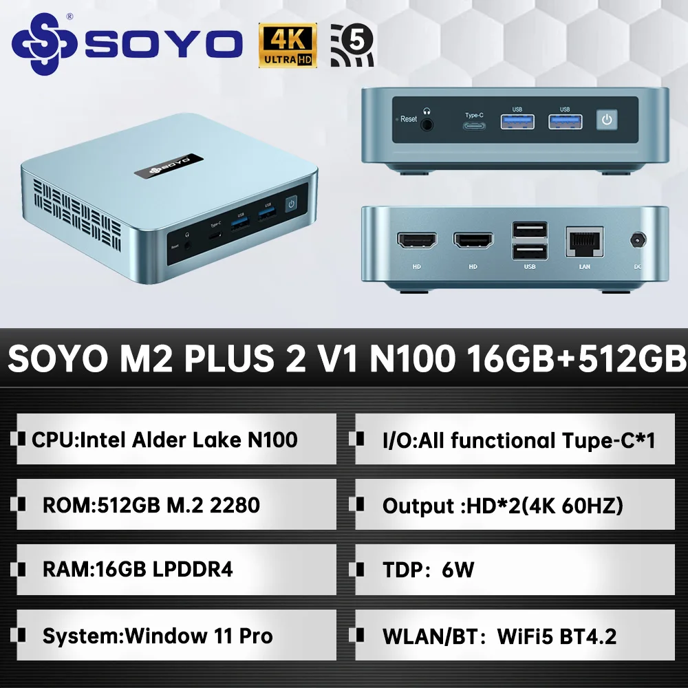 SOYO Full NEW M2 PLUS 2 V1 Mini PC Intel N100 Windows 11 Pro
