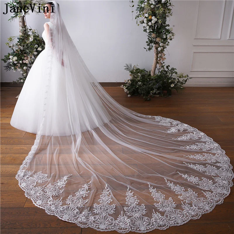 

JaneVini 3.5 Meters Long Voile Mariage Lace Applique Bride Wedding Veil with Comb One Layer White Ivory Bridal Veils Welon Dlugi