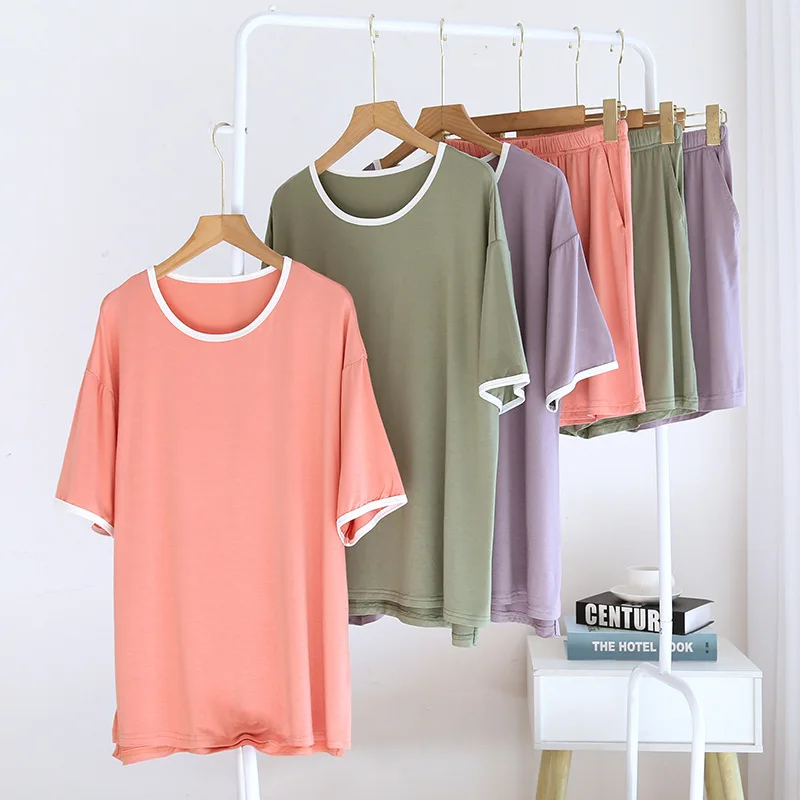 

New Women Modal Round Neck T-shirt Shorts Pocket Pajamas Home Suit Solid Two Piece Set Summer Lounge Wear Casual Loose Sleepwear