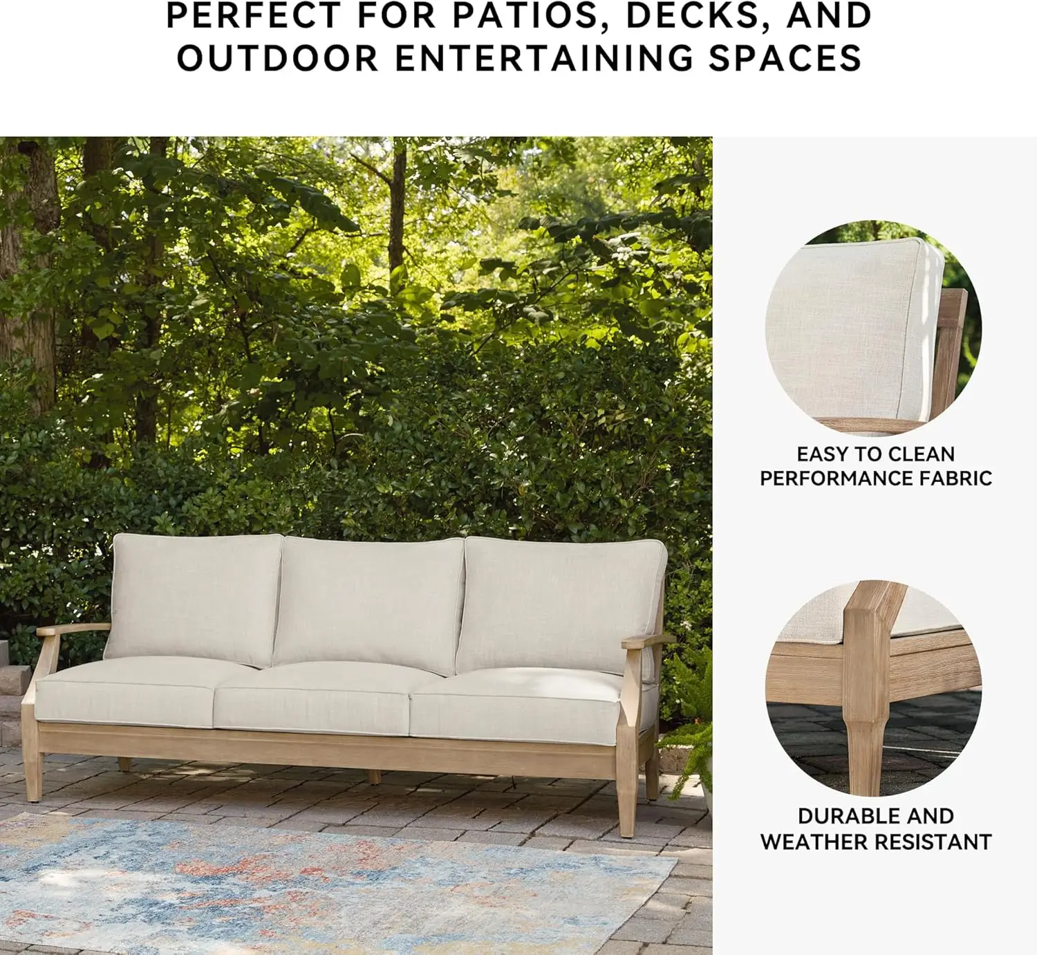Carter Hall Outdoor Eucalyptus Wood Patio Sofa – Cushioned with UV-Resistant Nuvella Fabric, 5-Step Protective Finish, Beige