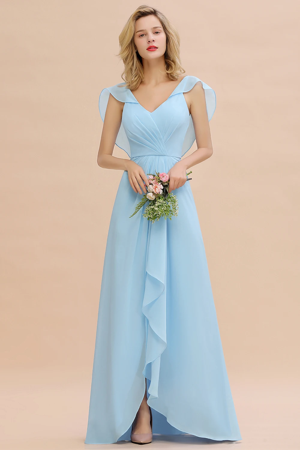 MisShow New Sky Blue Long Bridesmaid Dresses V Neck Ruched A Line Chiffon Prom Party Gowns Vestidos Elegantes Para Mujer
