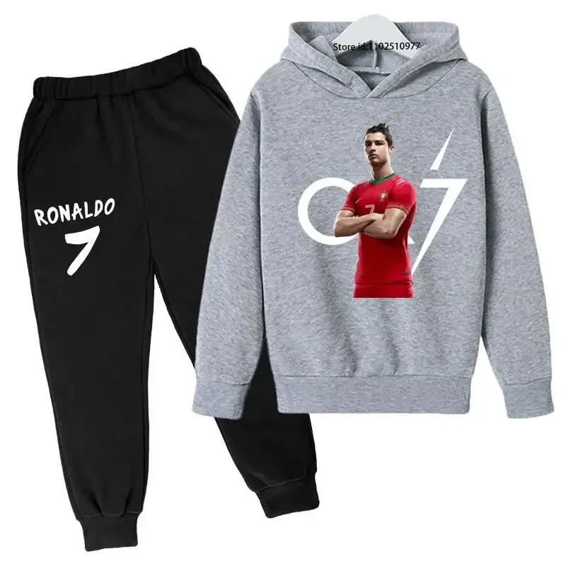 thumbnail image 1 of Conjunto de 2 piezas de sudadera con capucha y pantalones con estampado de ídolo de fútbol Cr7 para niños de 3 a 13 años, ropa informal para bebés, 1 of 5