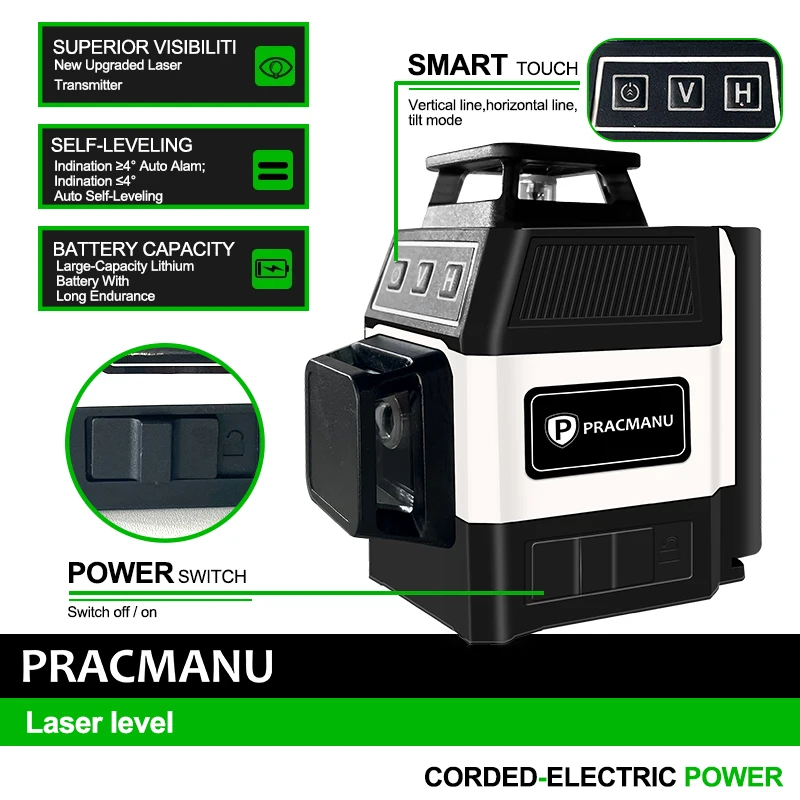 Pracmanu Mini Laser Nível 12 Linhas 3d Nível Auto-nivelamento 360 ...