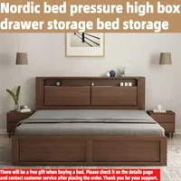 Lit double moderne nordique en bois massif avec rangement, taille King/Queen, pour chambre à coucher, avec tiroirs sous le lit et tête de lit avec rangement intégré 1