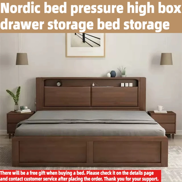 Lit double moderne nordique en bois massif avec rangement, taille King/Queen, pour chambre à coucher, avec tiroirs sous le lit et tête de lit avec rangement intégré 1