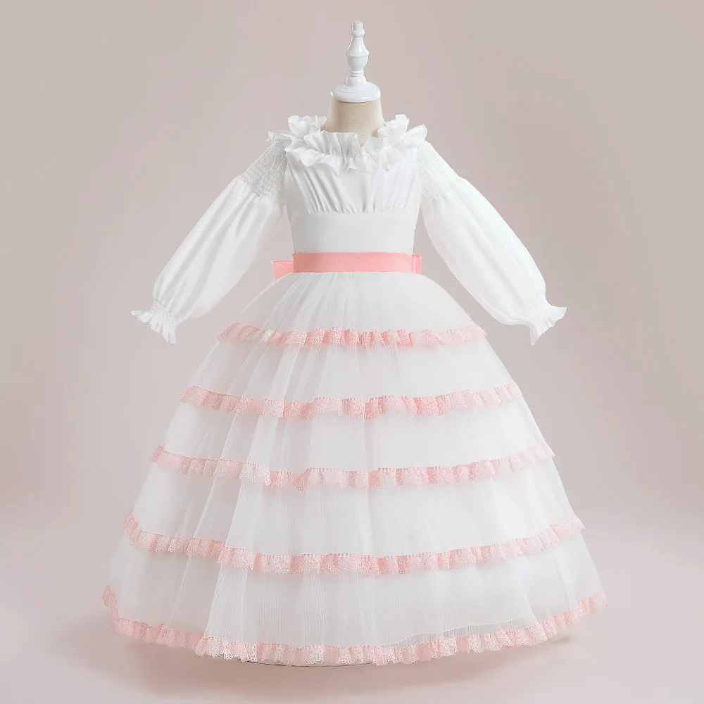 

Ruffles Neck Long Bridesmaid Kids Dresses Children Princess Ballgown 3/4 Full Sleeves Wedding Party Gowns 3 -10 Years Vestido