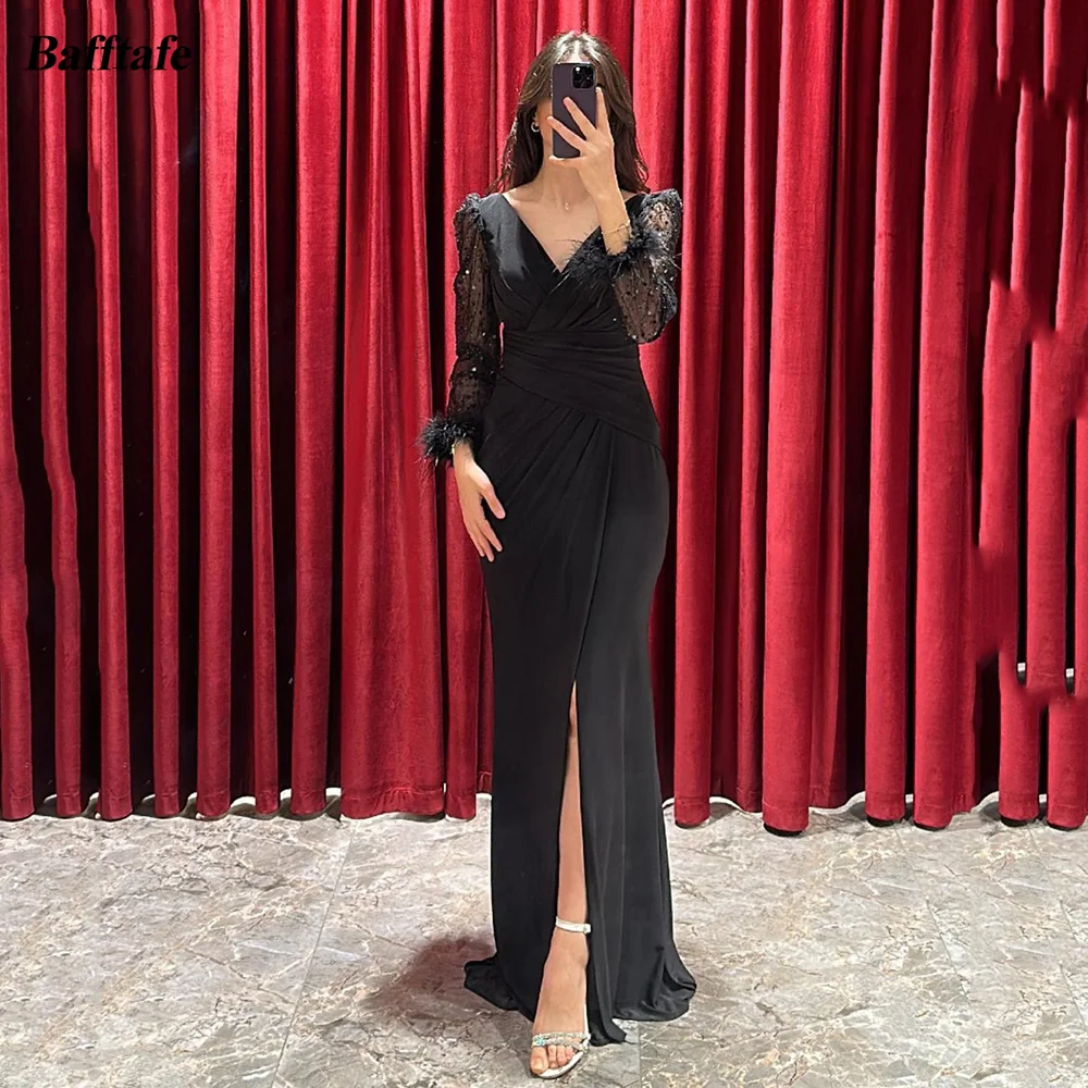 

Bafftafe Black Mermaid Formal Evening Dresses Feathers V-Neck Long Sleeves Pageant Party Women Dress Fishtail Prom Gowns 2024