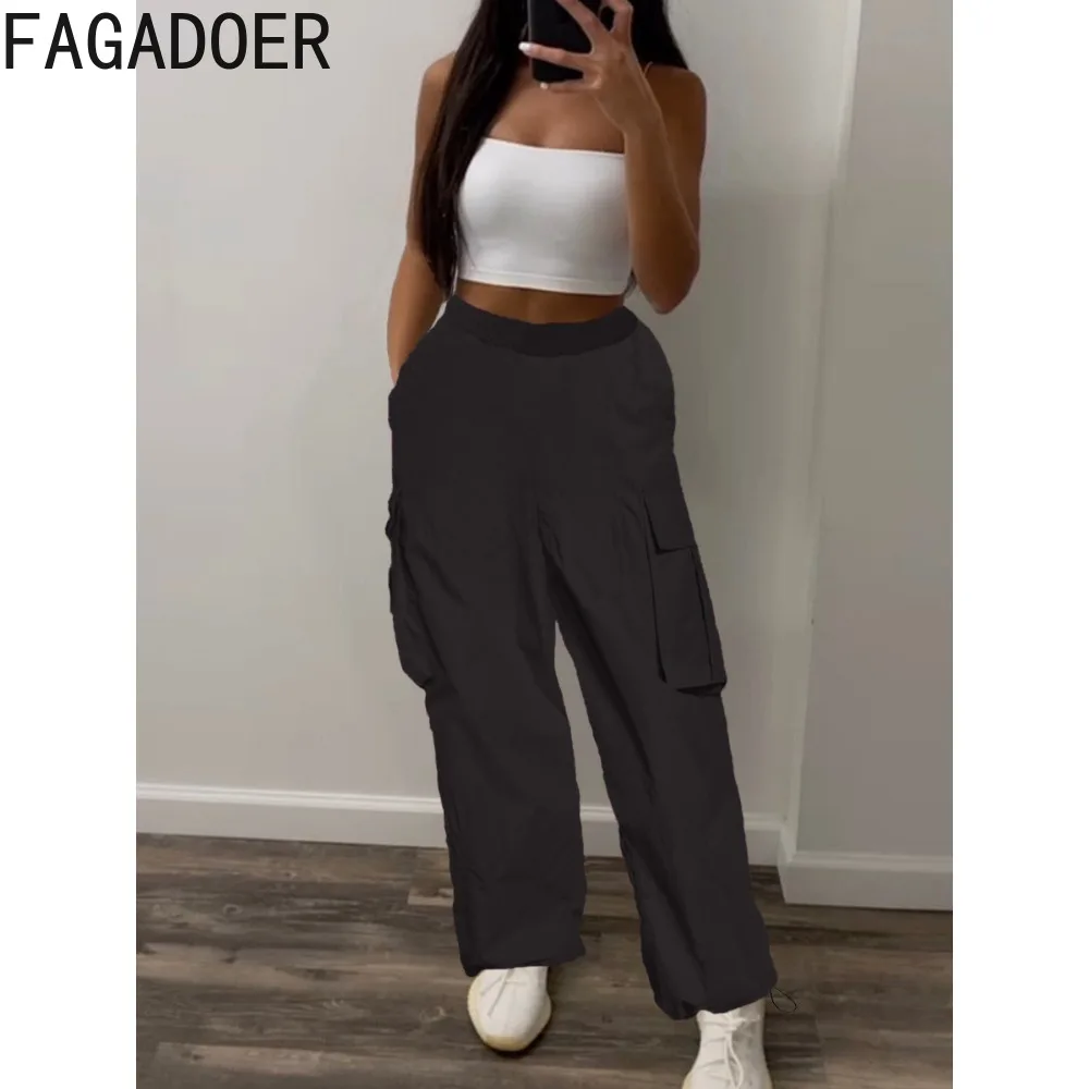 FAGADOER Autumn Casual Solid Color Sporty Jogger Pants Women Elastic High Waisted Pocket Straight Trousers Female Loose Bottoms