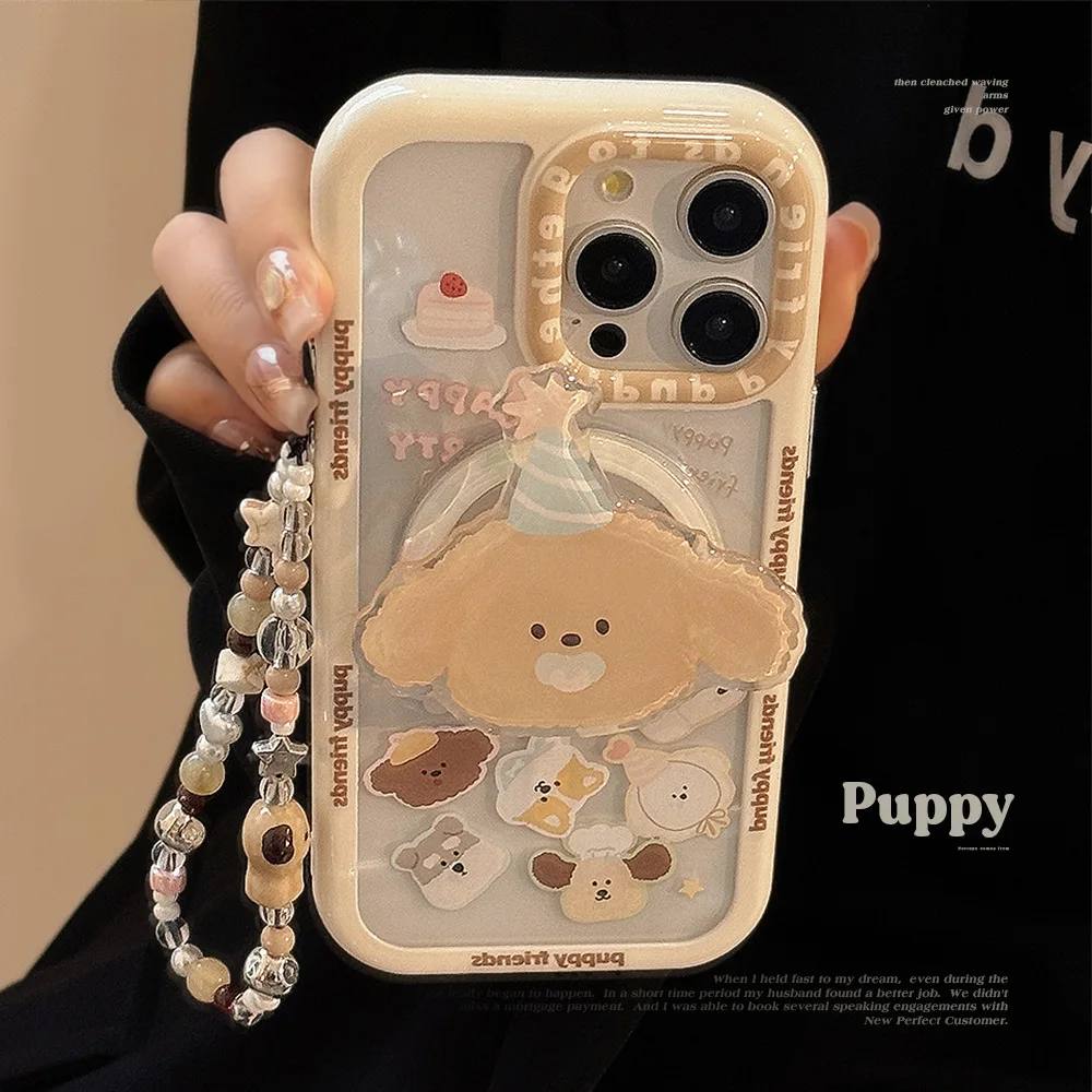 Clear Magnetic Phone Case with Cartoon Puppy Design and Chain