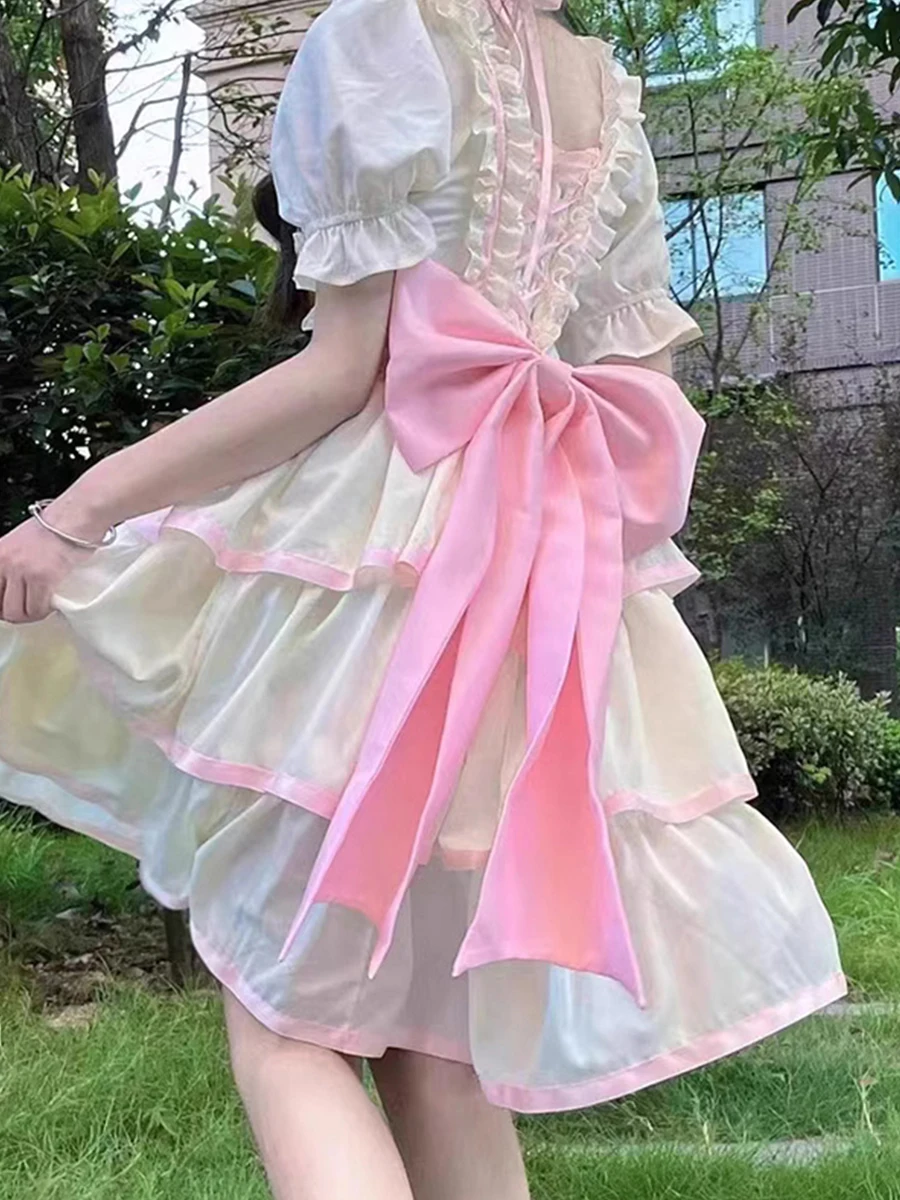 Flower Bridesmaid Slim Lolita Dress Japanese Princess Lolita Sweet High Waist Bow Short Sleeve Loli Tea Party Dress L-4xl