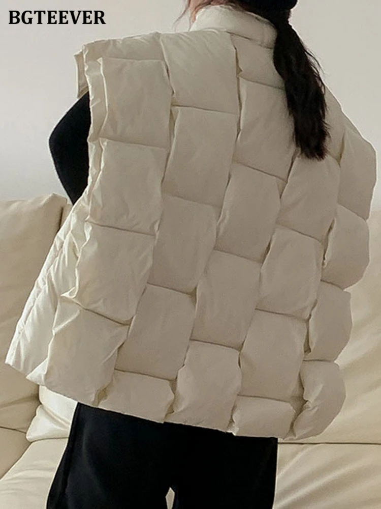 BGTEEVER Winter Sleeveless Cotton Padded Women Parkas Vests Casual Loose Zippers Female Down Jackets Plaid Ladies Warm Coat
