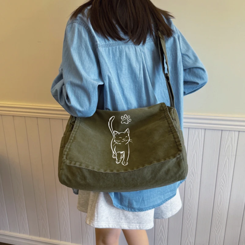 Casual Women's Shoulder Bag Cat Print Canvas Large Capacity for Daily Use Messenger Bag Crossbody Bag