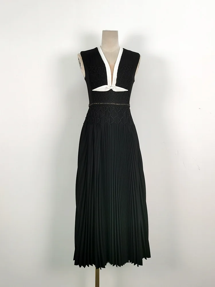 Eshin Sleeveless Solid Color V Neck Hand Made High Quality High Waist Party Dress For Women 2024 Summer Fashion Female TH6794 photo