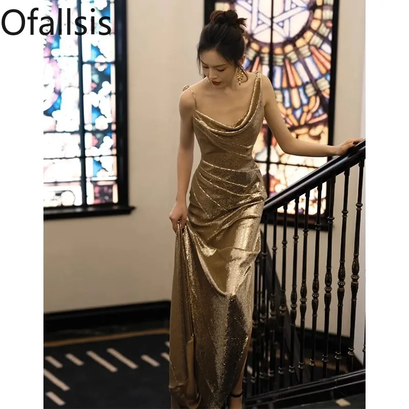 

Ofallsis Strapless Fishtail Evening Dress 2024 Summer New French Sequin Sexy Slim Fit Backless Host Banquet Bride Toasting Gown