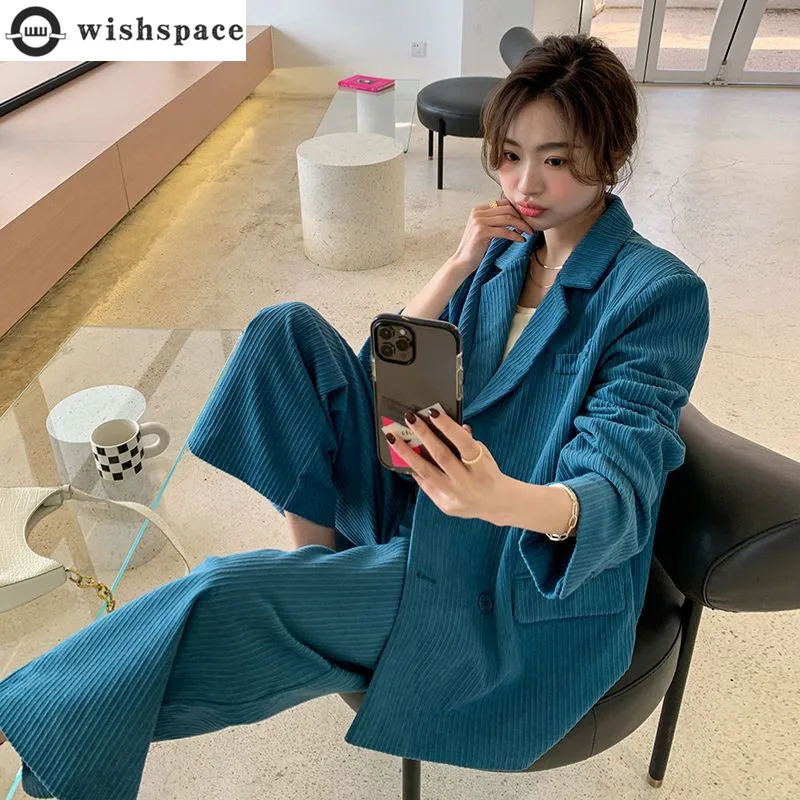 Blue Corduroy Set Women's Korean Edition Loose Spring and Autumn New Casual Popular Suit Two Piece Set Trendy