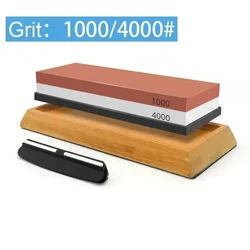 Professional Knife Sharpening Whetstone Set with Wood Base and Angle Guide - Standard Size (3Pcs Grit 1000 4000)