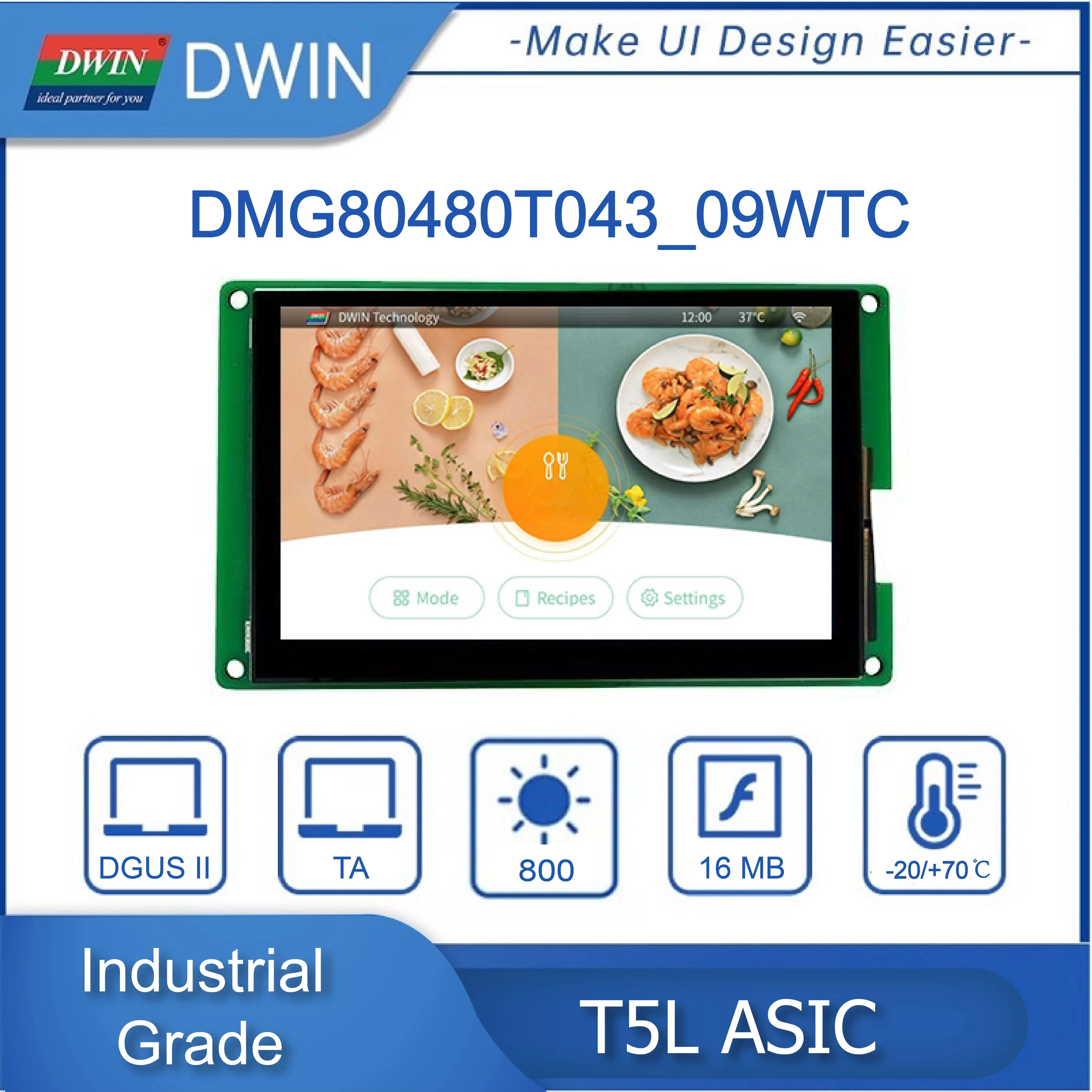 DWIN 4.3 Inch 800x480 TFT LCD Display Module IPS Industrial Grade HMI TTL/RS232 High Brightness Touch Screen DMG80480T043_09W