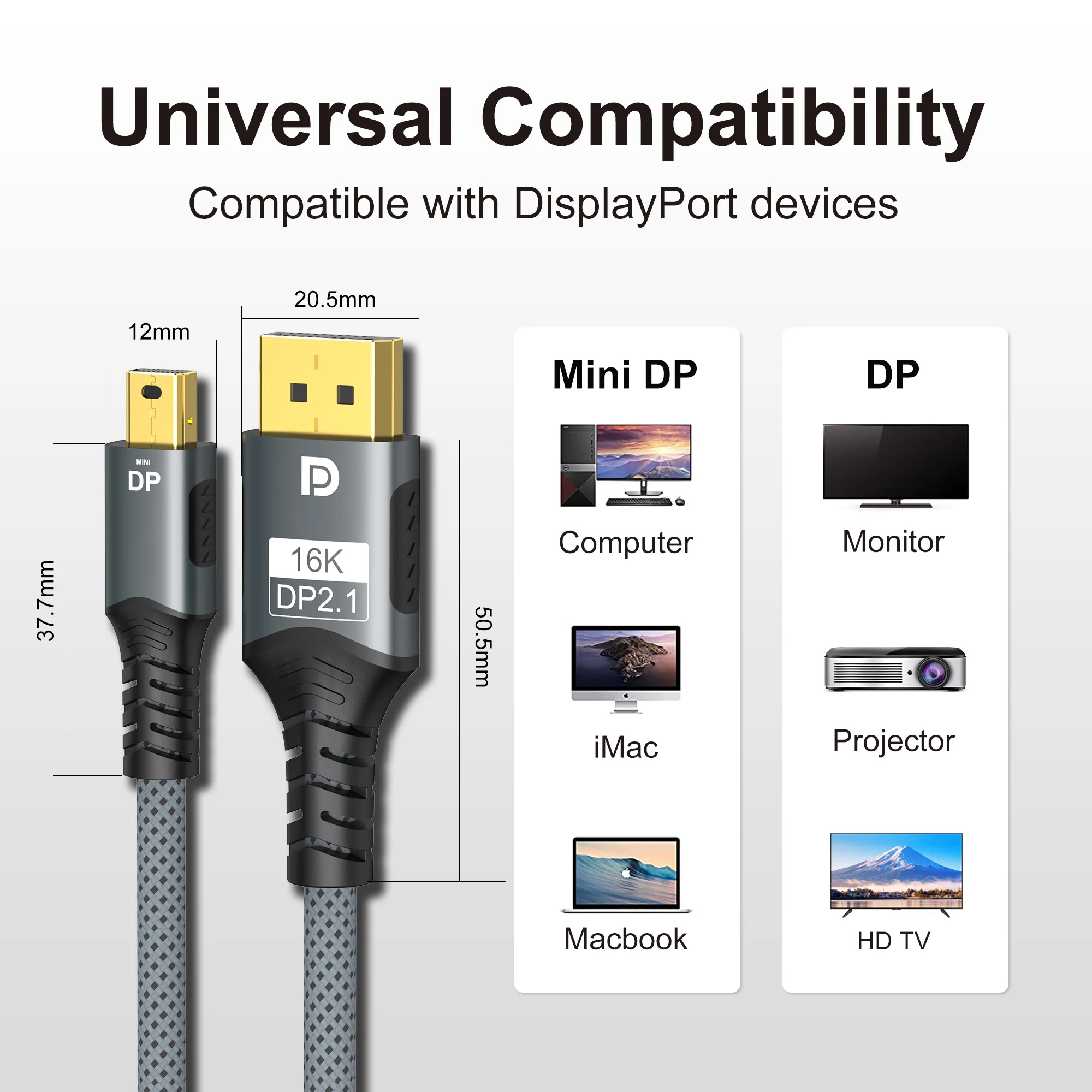 Bi-Directional Mini DP to DisplayPort Cable – 16K@60Hz, 8K@120Hz Transmission