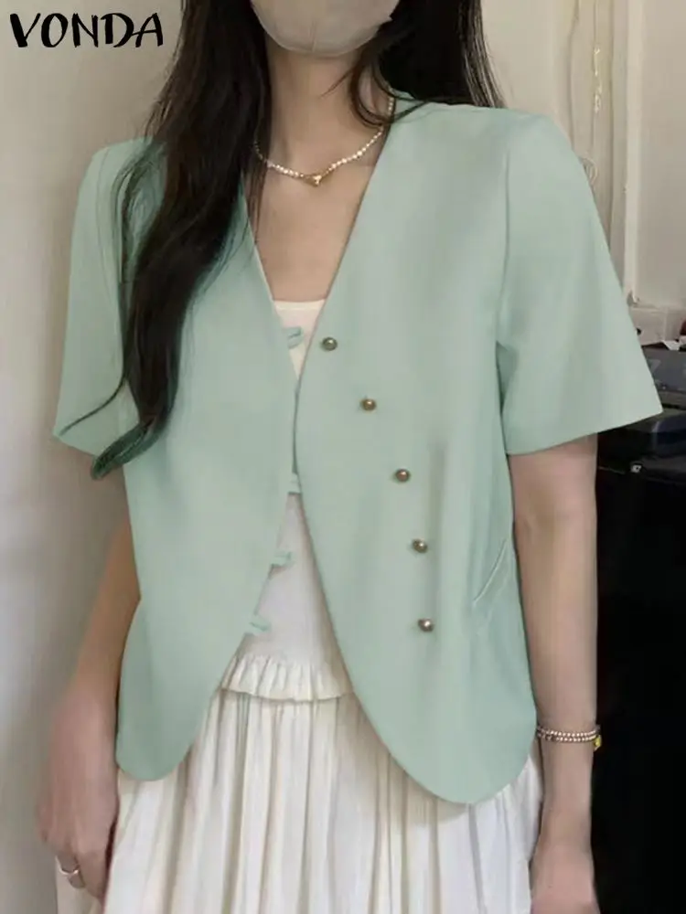 

Elegant Office Style Blazer Women Coats 2023 VONDA Fashion Short Sleeve V-Neck Casual Solid Color Loose Blazer Buttons Tops