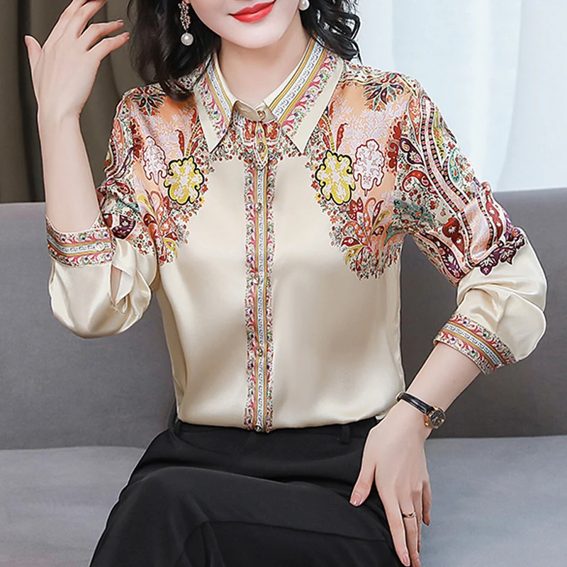2025 Spring Fashion Floral Print Blouse Women Satin Shirts Ladies Tops Autumn Long Sleeve Silk Shirts Blusa Mujer Clothes 18440