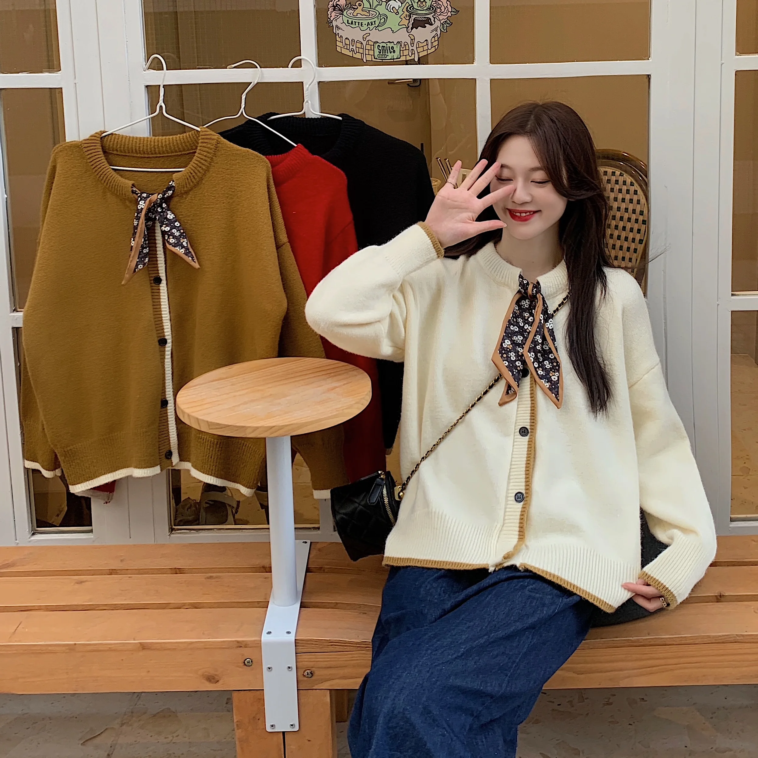 Korean Style Winter Pregnancy Sweater with Floral Scarves Plus Size Maternity Knitted Cardigans Button Fly Fashion Women's Coats