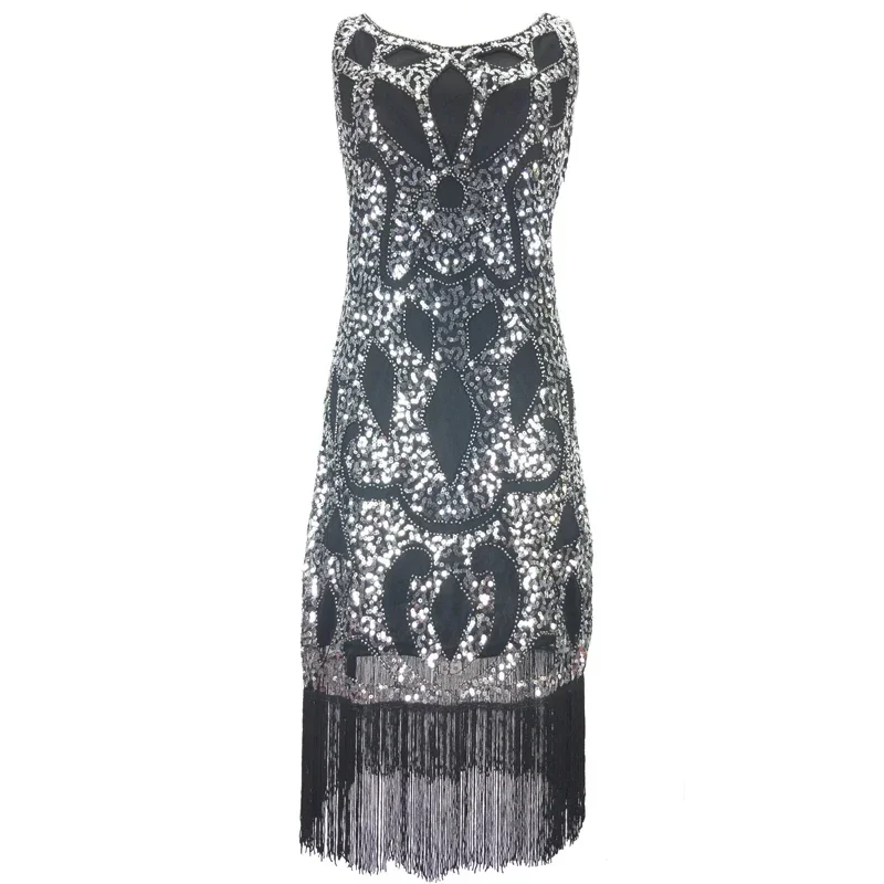 

New Women's 1920s Art Deco Sequin Beaded Tank Flapper Dress Geometric Tassel Hem Gatsby Dress Midi Length Vestido Party Costume
